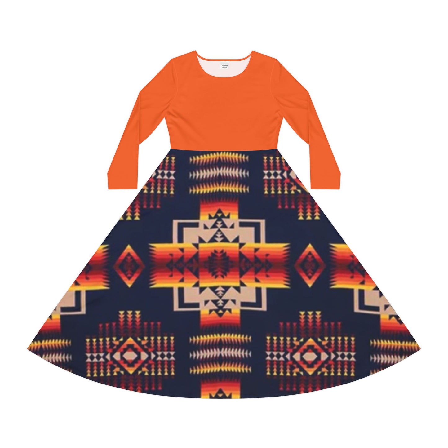 Orange Long Sleeve Tribal Print Dress
