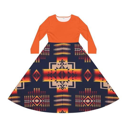 Orange Long Sleeve Tribal Print Dress