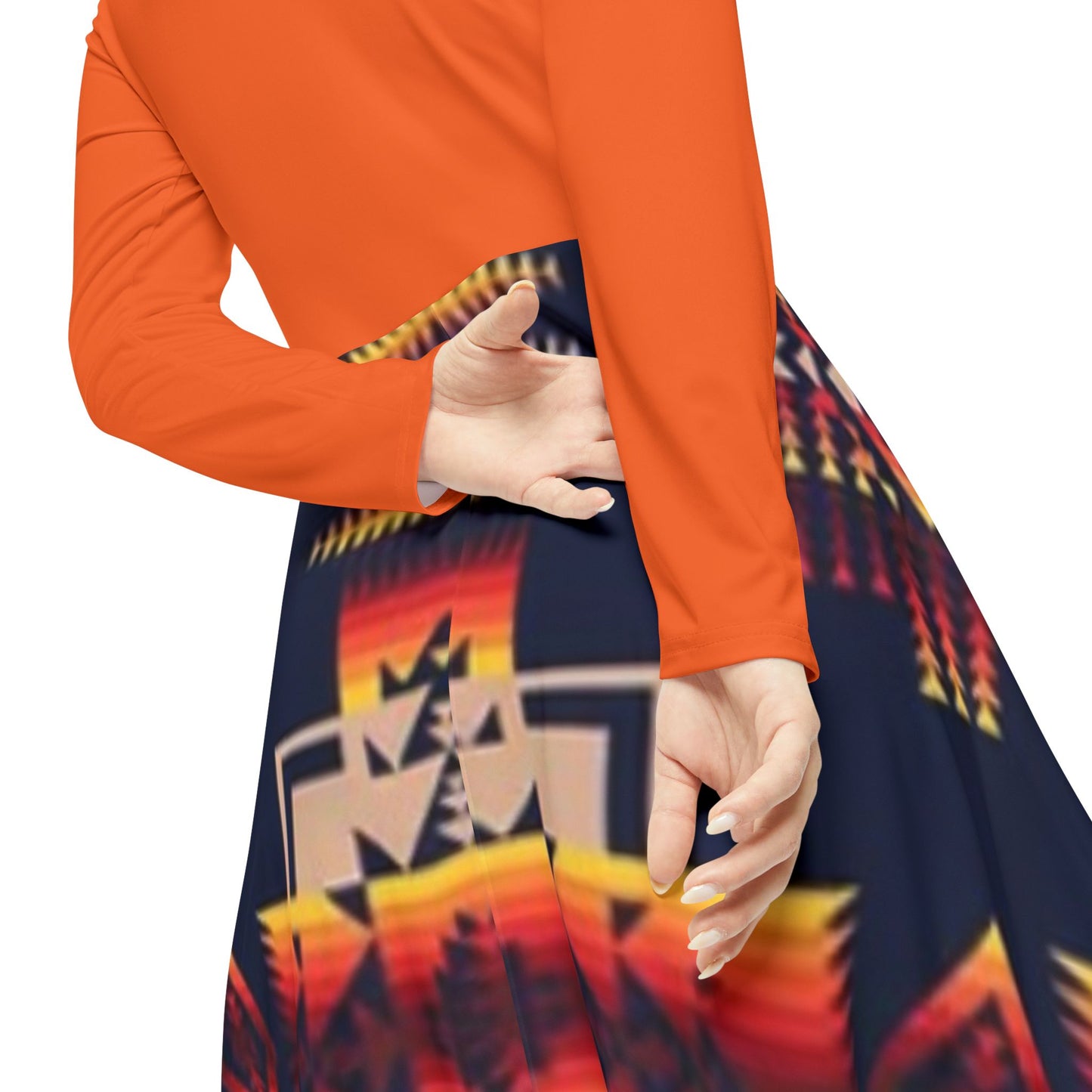Orange Long Sleeve Tribal Print Dress