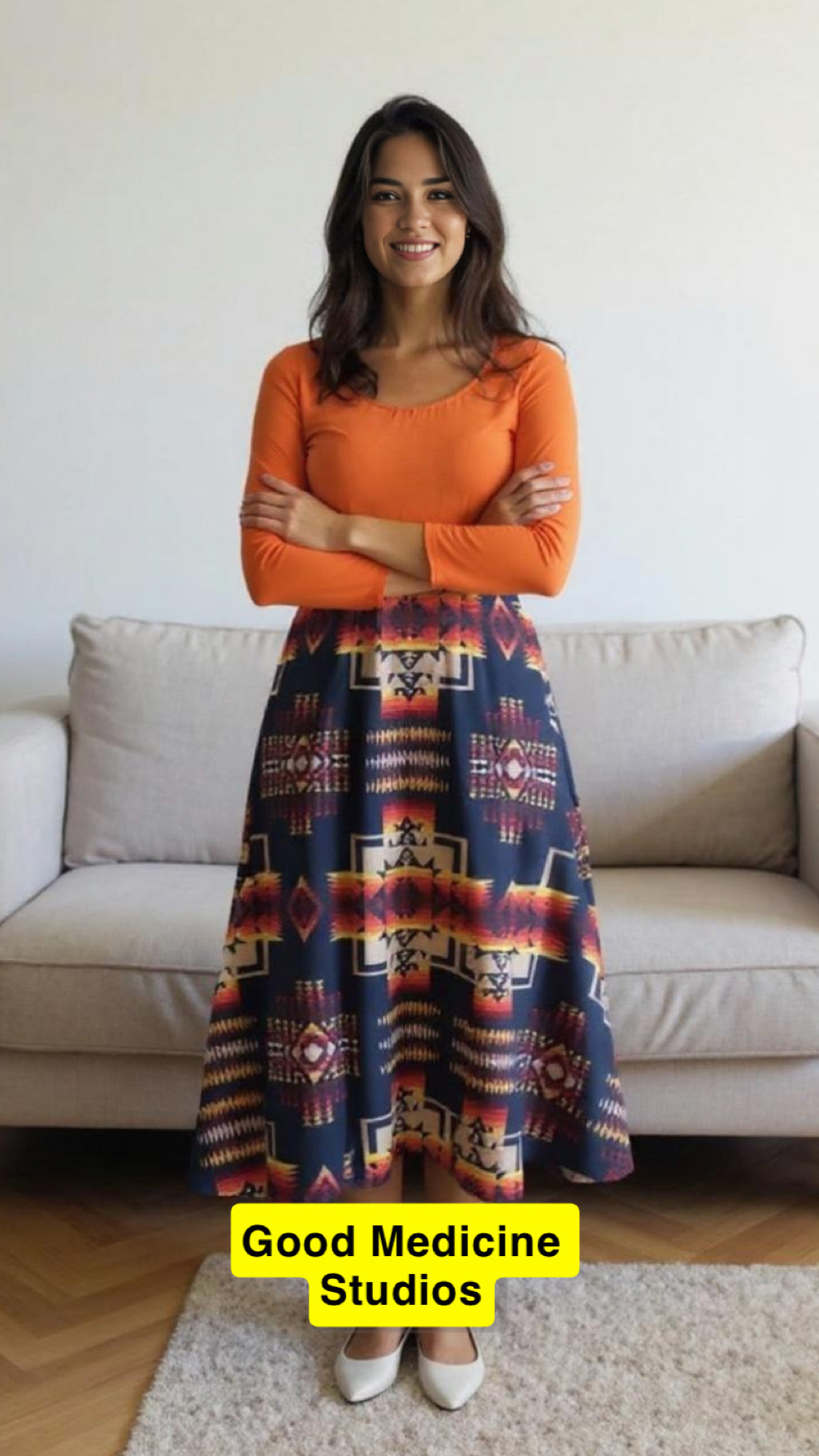 Orange Long Sleeve Tribal Print Dress