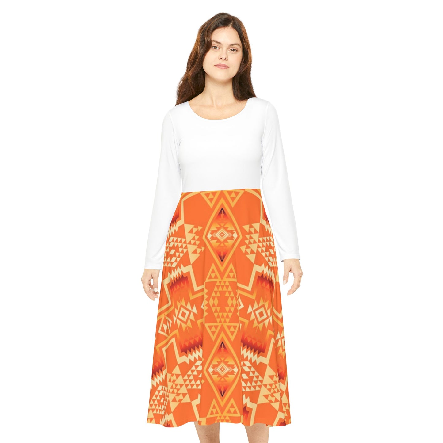 Orange Print Long Sleeve Dress