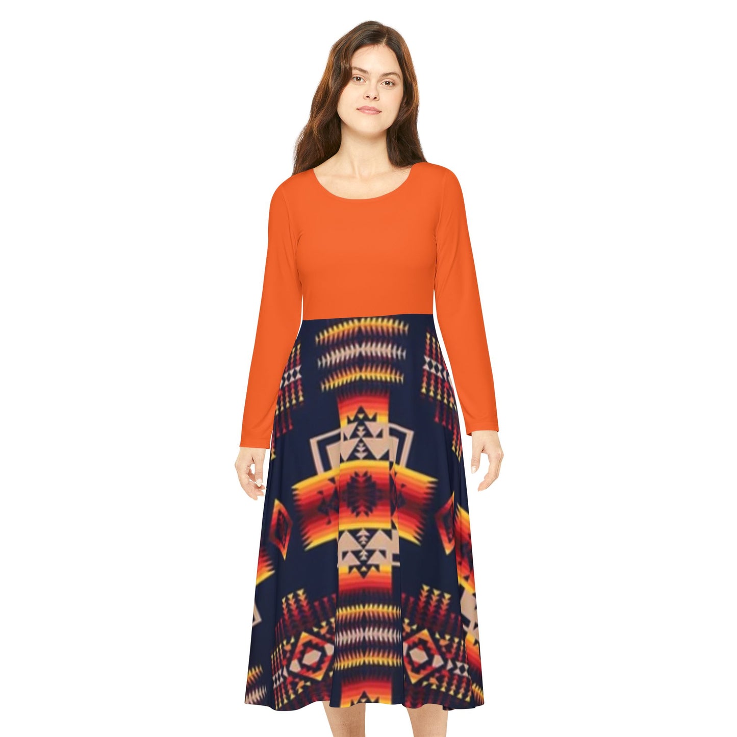 Orange Long Sleeve Tribal Print Dress
