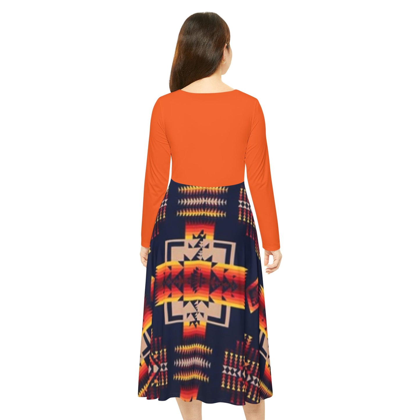 Orange Long Sleeve Tribal Print Dress